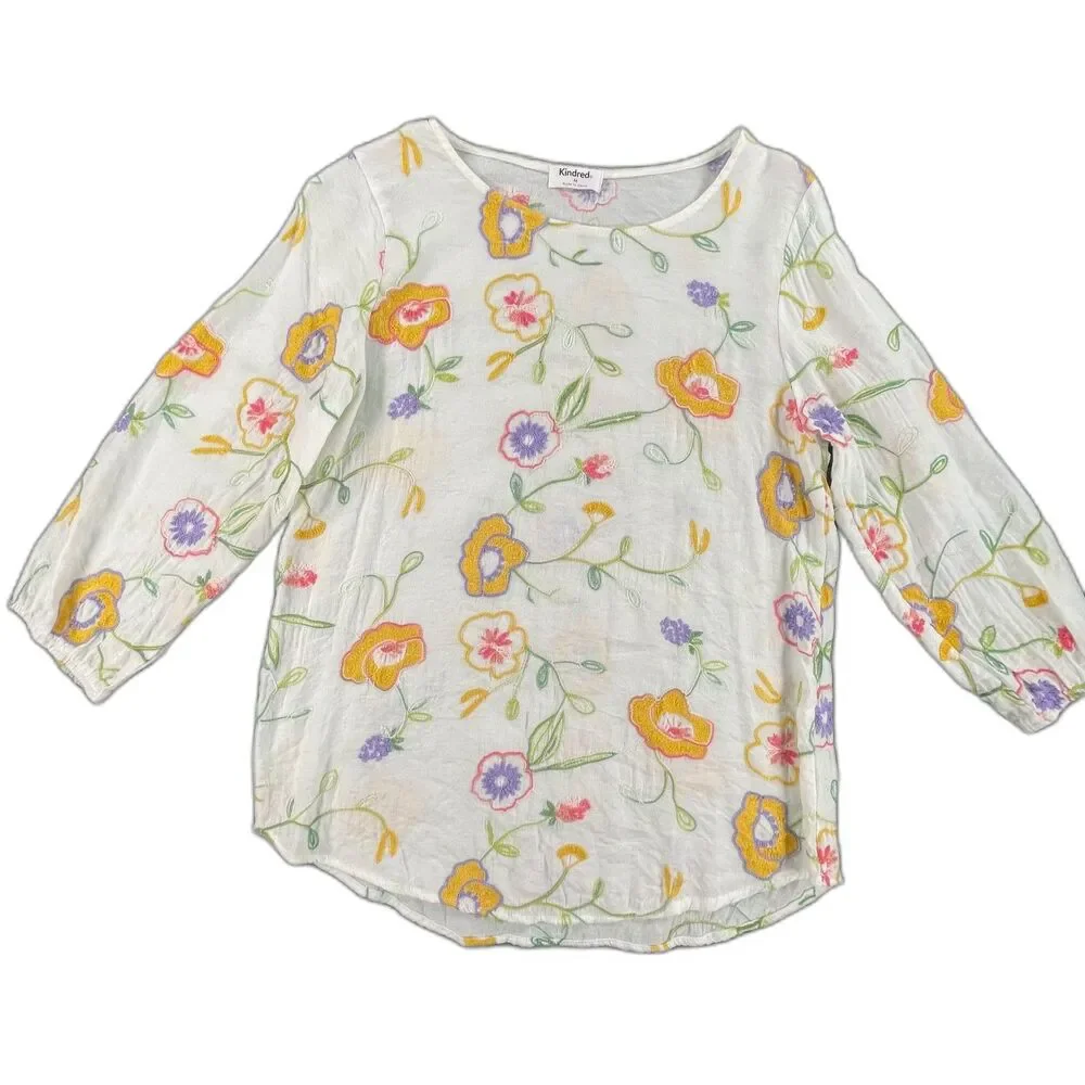 Kindred Floral Embroidered Boho Blouse M White Sheer Peasant Top Resort Gauzy
